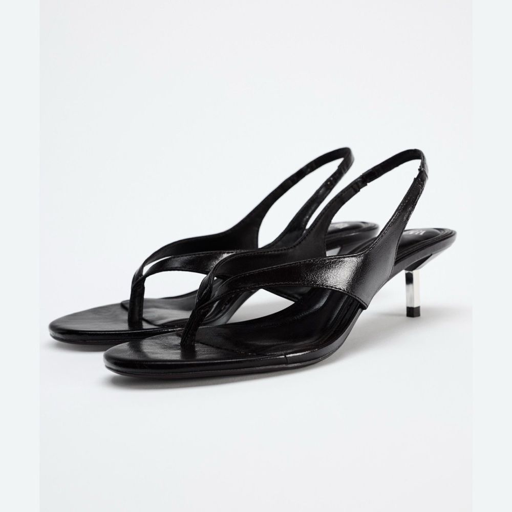 Zara Women's 10- Strappy Thong Sandals With Metallic Heel- Dk Brown \Blk Nwt